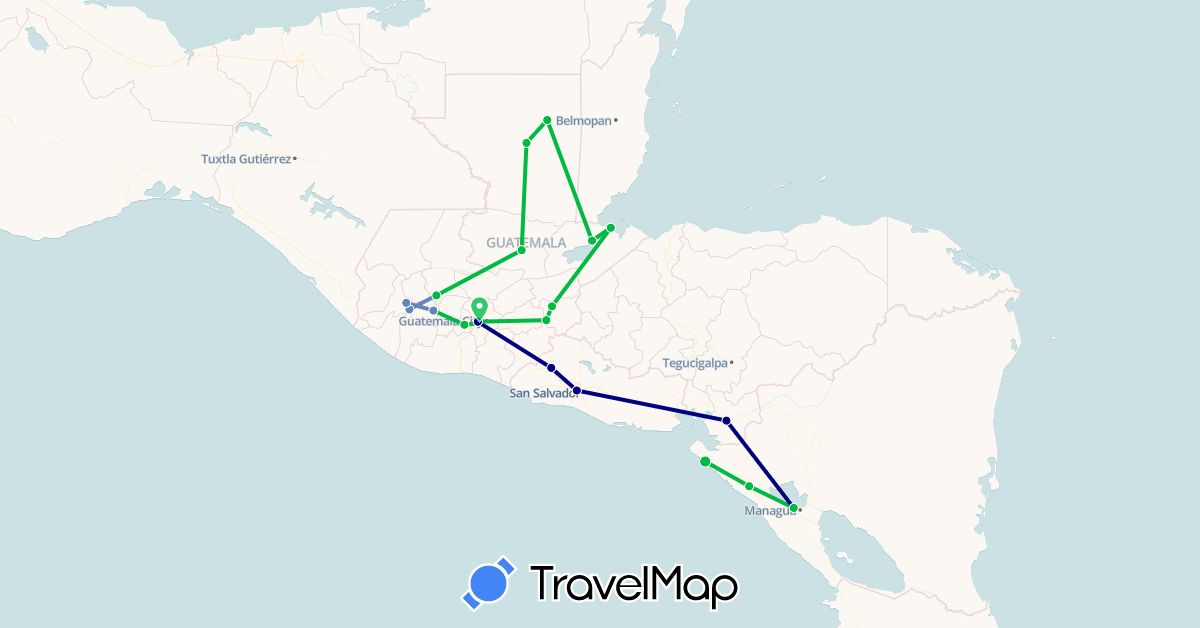 TravelMap itinerary: driving, bus, cycling in Guatemala, Honduras, Nicaragua, El Salvador (North America)